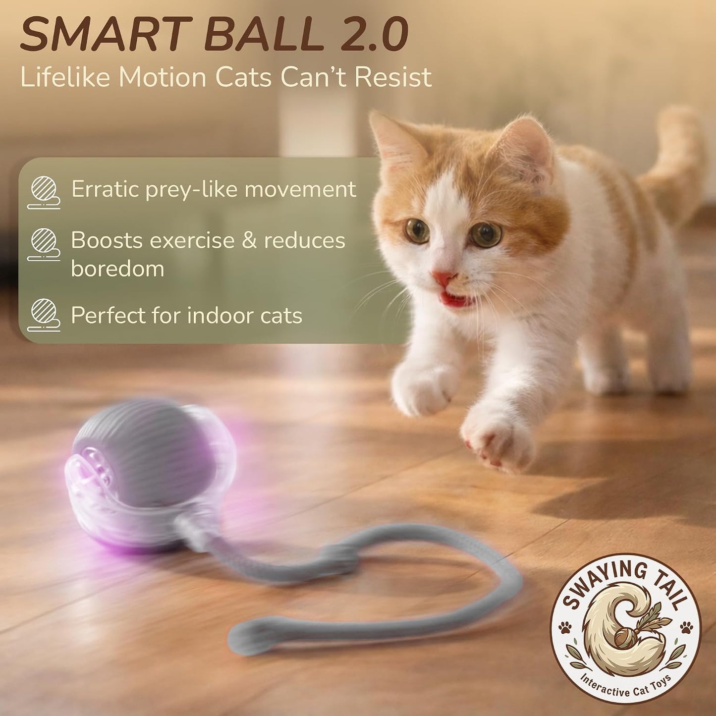 Interactive Cat Toy Automatic Moving Ball, Indoor Cats, Rechargeable, Gray | USB-C Charging, No Disposable Batteries. Quiet Silicone Shell with 3 Speed Modes and Auto-Sleep until a Paw Taps It Awake