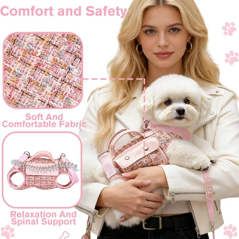 Dog Lift Harness Backpack for Small Dogs Cats, Adjustable Straps Dog Sling Carrier Full Body for Hiking, Travel, Outdoor – Pink Large