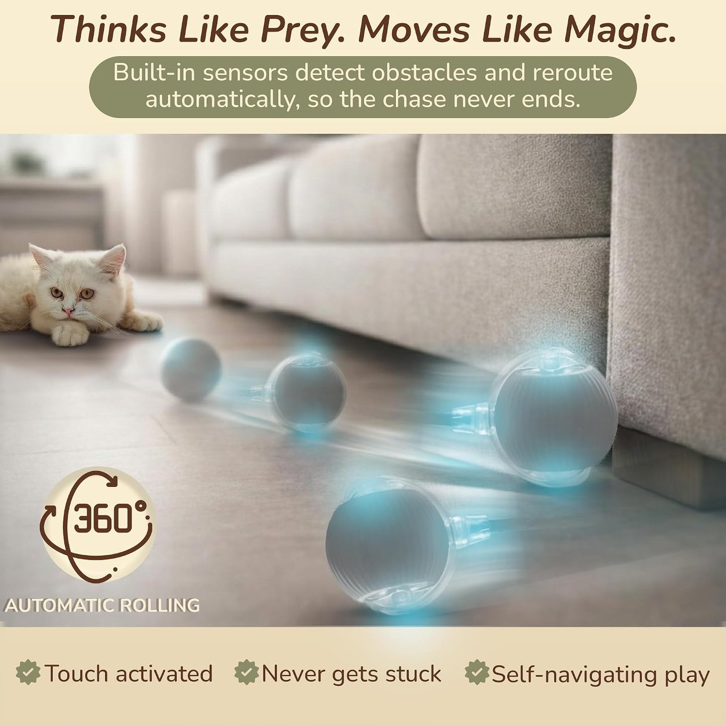 Interactive Cat Toy Automatic Moving Ball, Indoor Cats, Rechargeable, Gray | USB-C Charging, No Disposable Batteries. Quiet Silicone Shell with 3 Speed Modes and Auto-Sleep until a Paw Taps It Awake