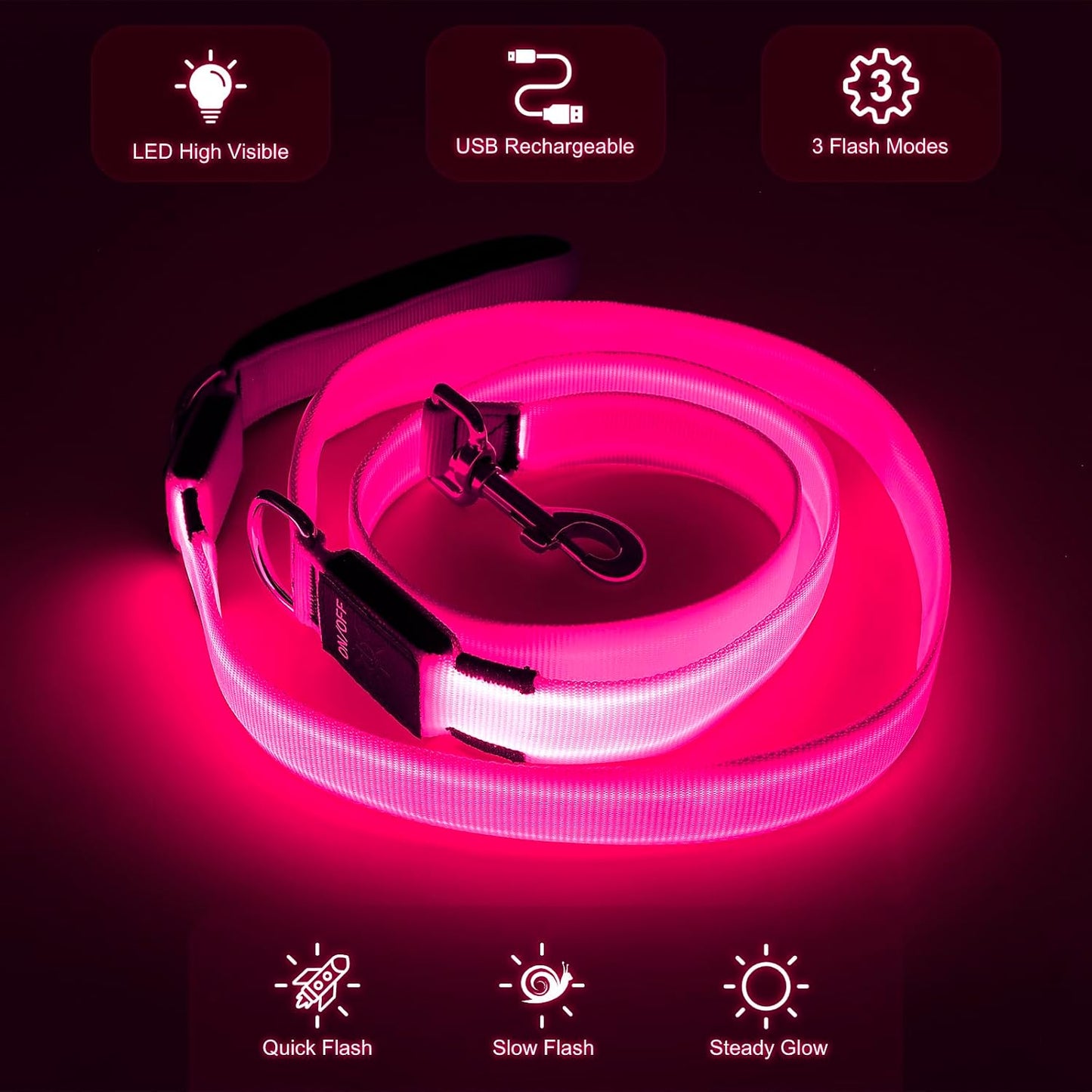 LED Light up Dog Leash, USB Rechargeable (6Ft,Pink) | Glow in Dark, Reflective, USB-C Rechargeable, Bright LED for Night Safety, Fits Medium to Large Dogs