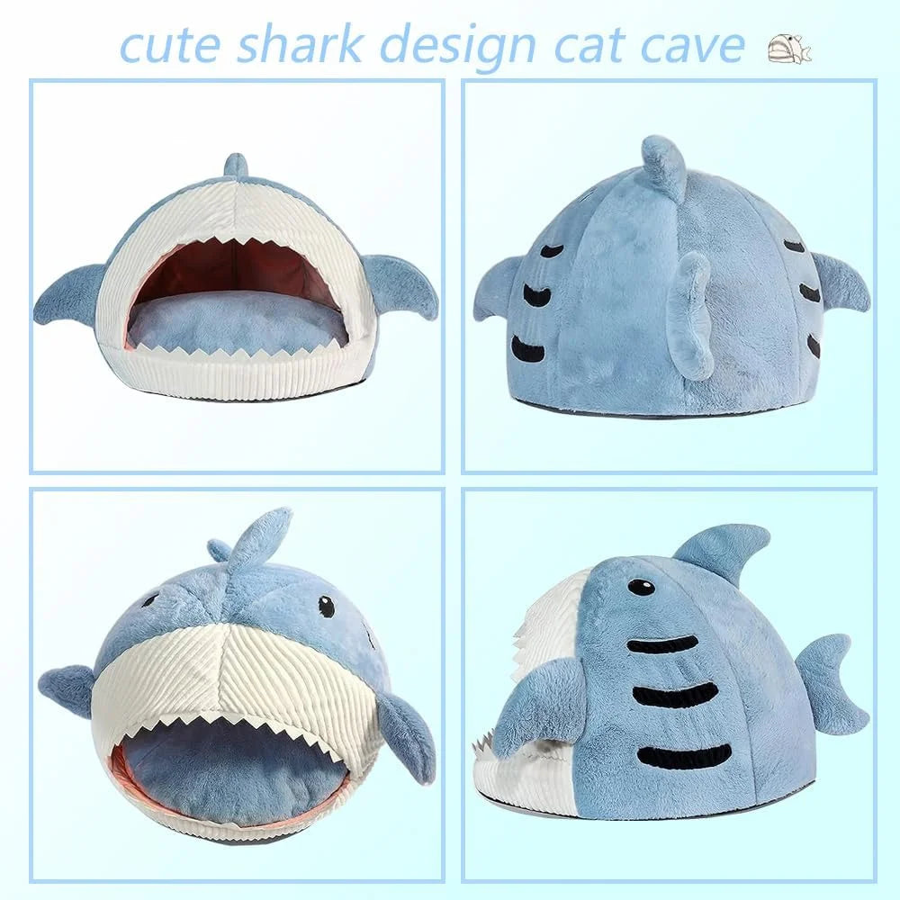 Shark Shape Large Cat Bed with Removable Washable Pillow, Blue