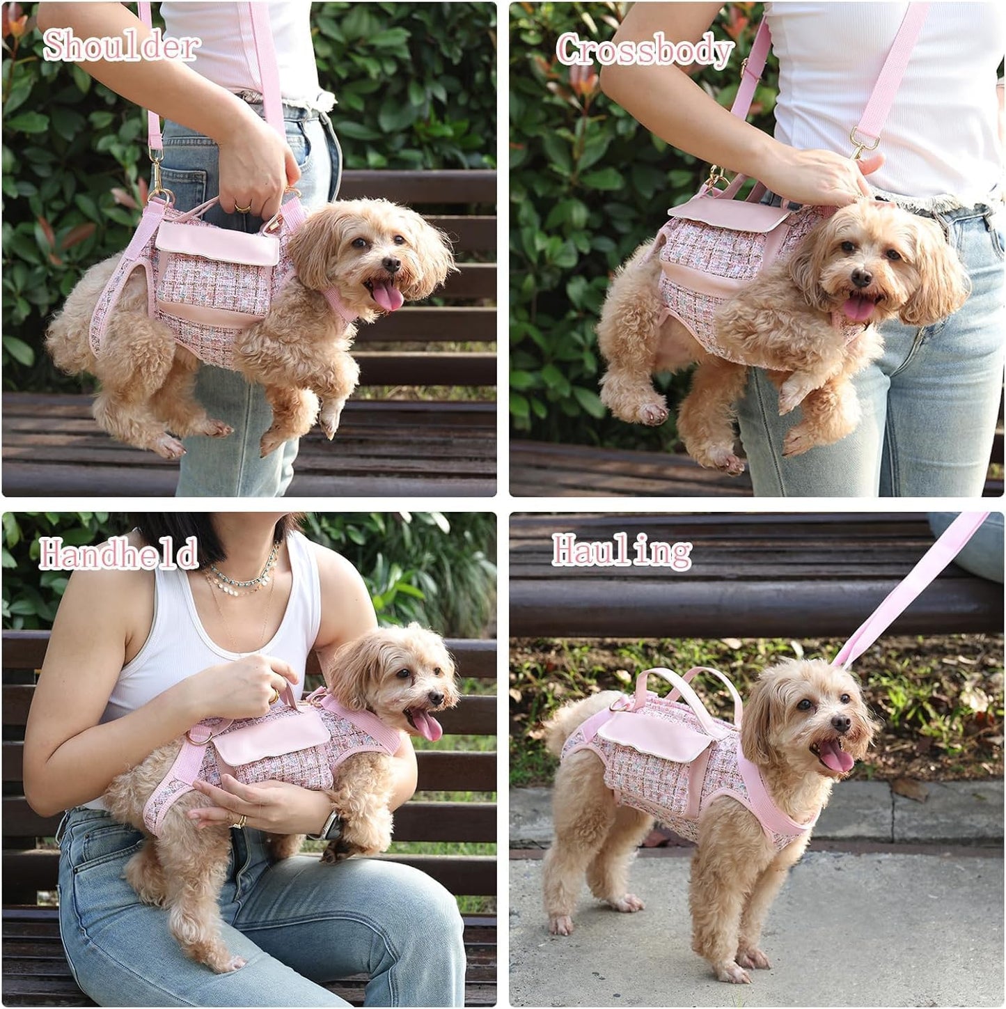 Dog Lift Harness Backpack for Small Dogs Cats, Adjustable Straps Dog Sling Carrier Full Body for Hiking, Travel, Outdoor – Pink Large