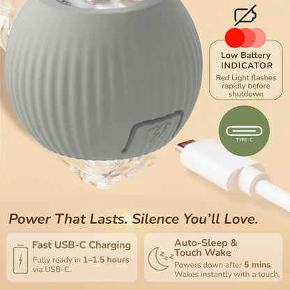 Interactive Cat Toy Automatic Moving Ball, Indoor Cats, Rechargeable, Gray | USB-C Charging, No Disposable Batteries. Quiet Silicone Shell with 3 Speed Modes and Auto-Sleep until a Paw Taps It Awake