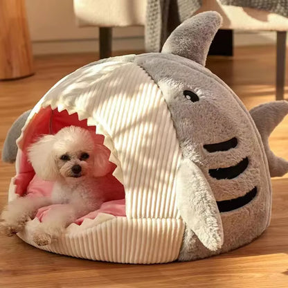 Cozy shark cave bed for dogs – Soft cotton hideaway for puppies and adult dogs