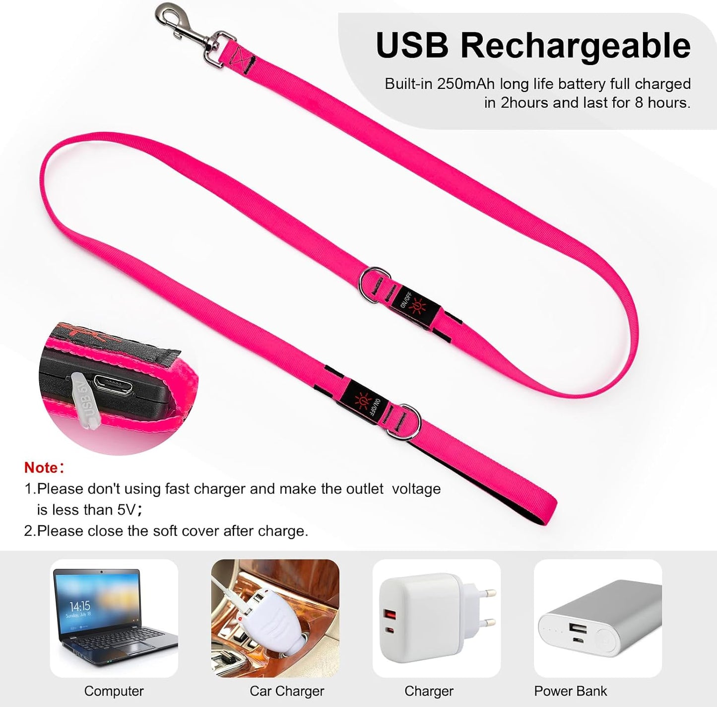 LED Light up Dog Leash, USB Rechargeable (6Ft,Pink) | Glow in Dark, Reflective, USB-C Rechargeable, Bright LED for Night Safety, Fits Medium to Large Dogs