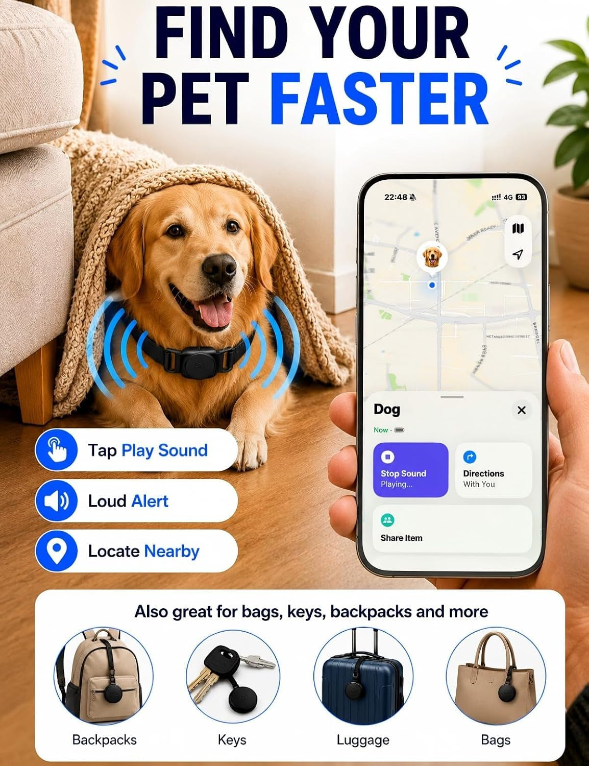 GPS Dog Tracker Collar (iOS & Android) - Smart Activity Real-Time Tracking