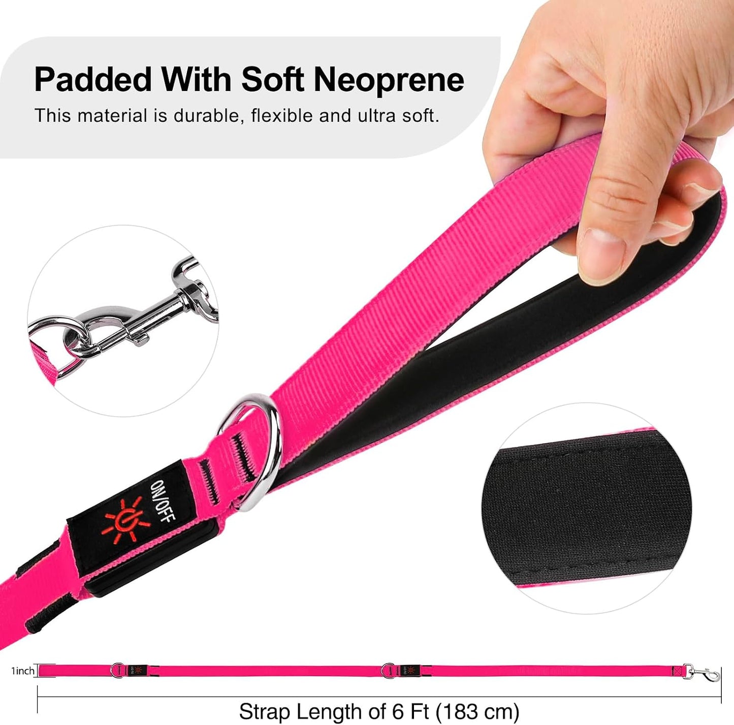 LED Light up Dog Leash, USB Rechargeable (6Ft,Pink) | Glow in Dark, Reflective, USB-C Rechargeable, Bright LED for Night Safety, Fits Medium to Large Dogs