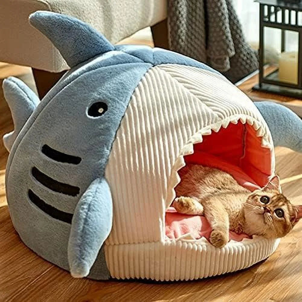 Shark Shape Large Cat Bed with Removable Washable Pillow, Blue