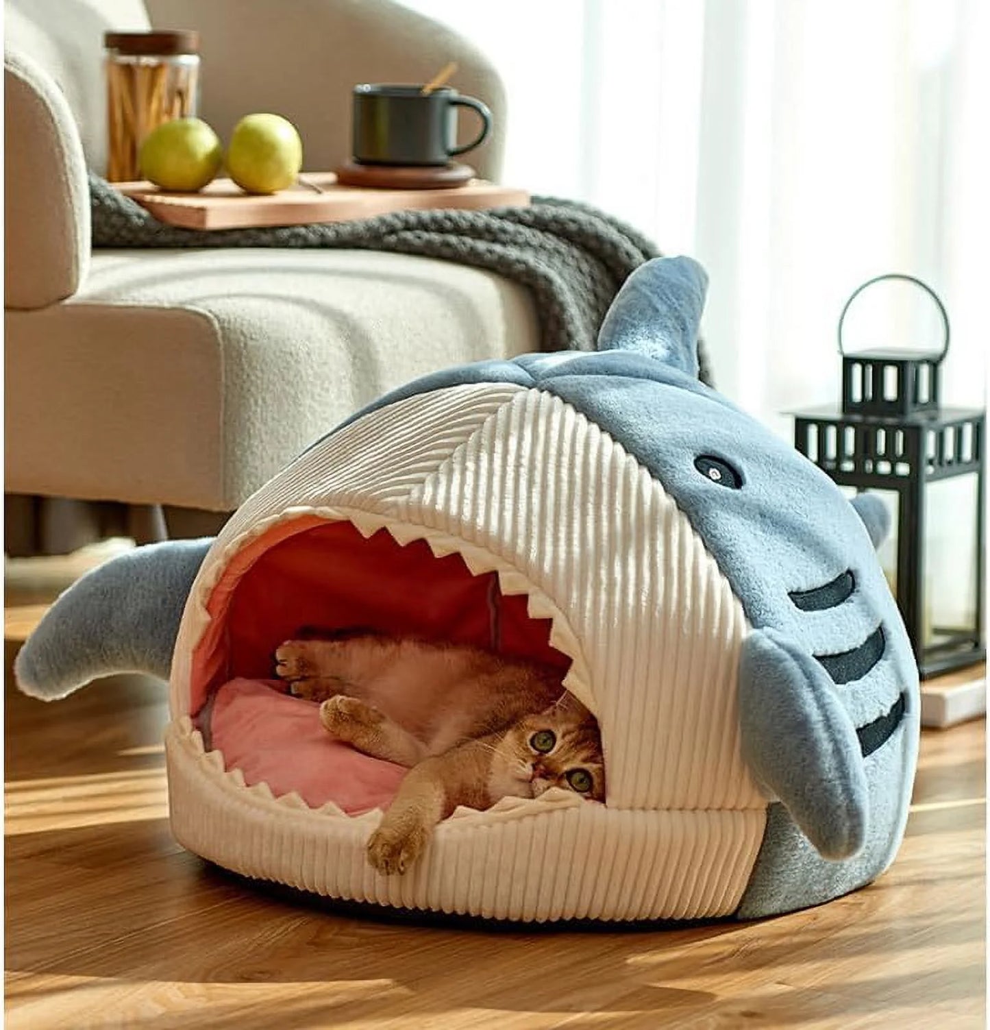 Shark Shape Large Cat Bed with Removable Washable Pillow, Blue