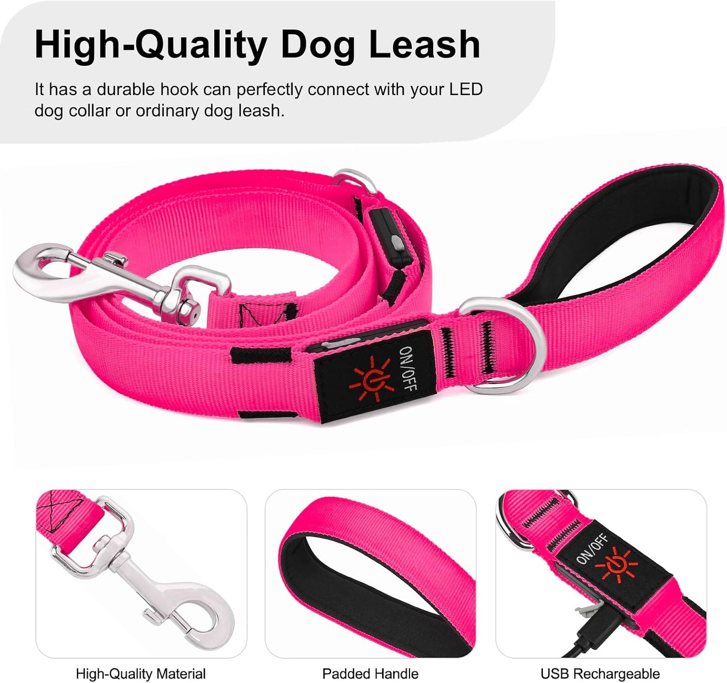 LED Light up Dog Leash, USB Rechargeable (6Ft,Pink) | Glow in Dark, Reflective, USB-C Rechargeable, Bright LED for Night Safety, Fits Medium to Large Dogs