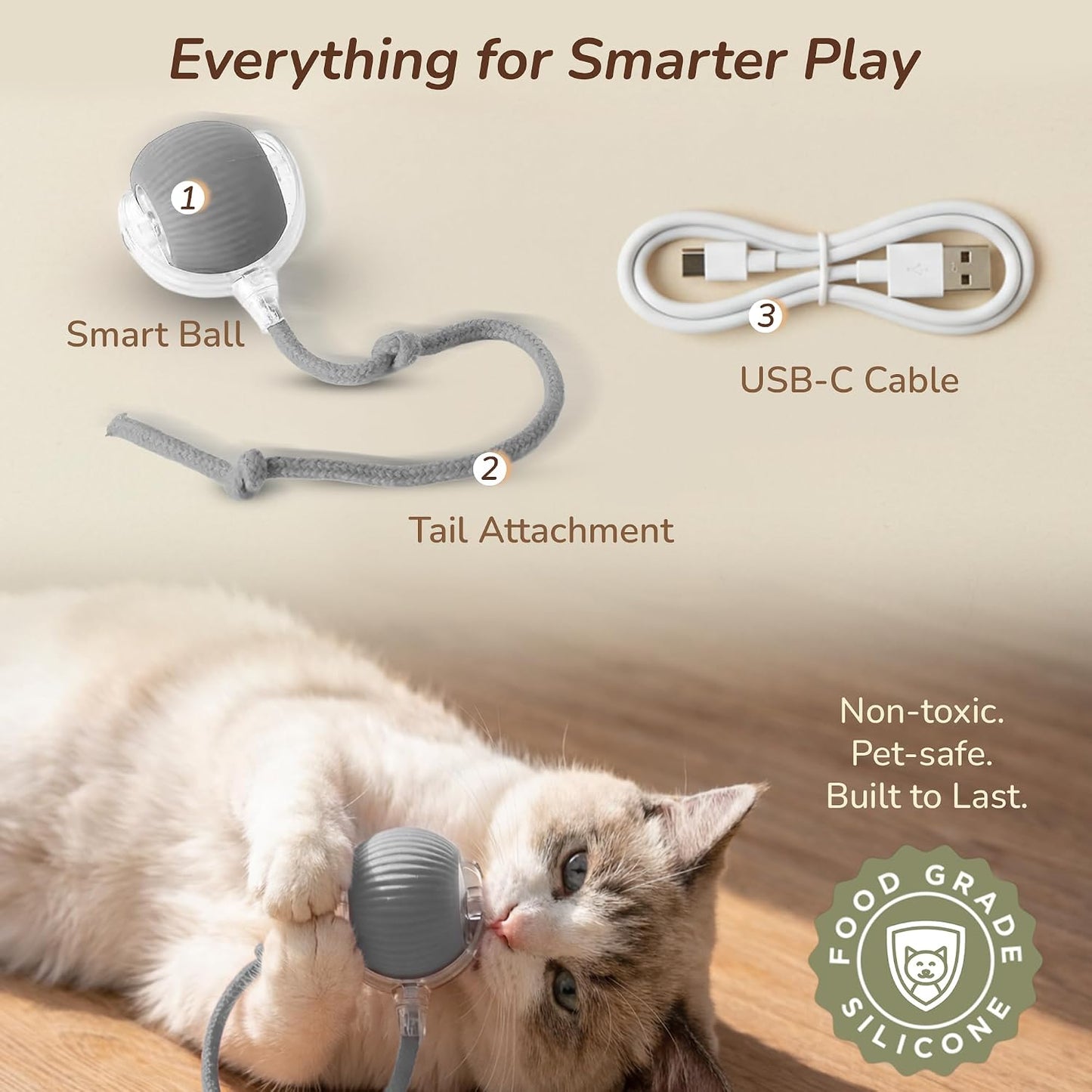 Interactive Cat Toy Automatic Moving Ball, Indoor Cats, Rechargeable, Gray | USB-C Charging, No Disposable Batteries. Quiet Silicone Shell with 3 Speed Modes and Auto-Sleep until a Paw Taps It Awake
