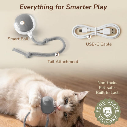 Interactive Cat Toy Automatic Moving Ball, Indoor Cats, Rechargeable, Gray | USB-C Charging, No Disposable Batteries. Quiet Silicone Shell with 3 Speed Modes and Auto-Sleep until a Paw Taps It Awake